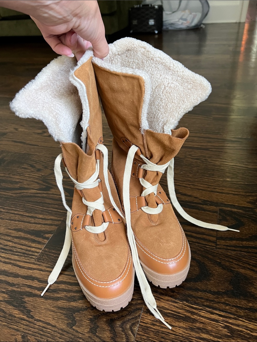 See By Chloe Tan Lace-Up Faux Shearling Winter Boots